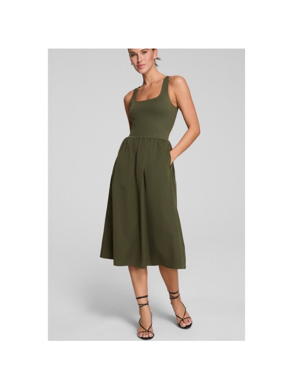 SPANX fit and flare Olive Green Square-Neck Midi Dress with Pockets